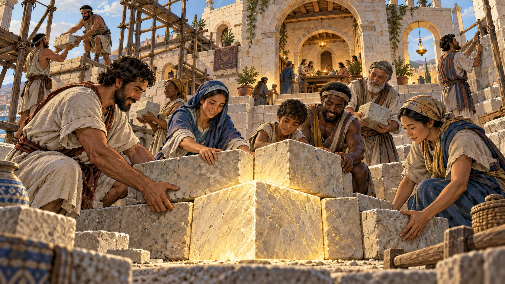A diverse community builds around a glowing cornerstone in a rising household structure.