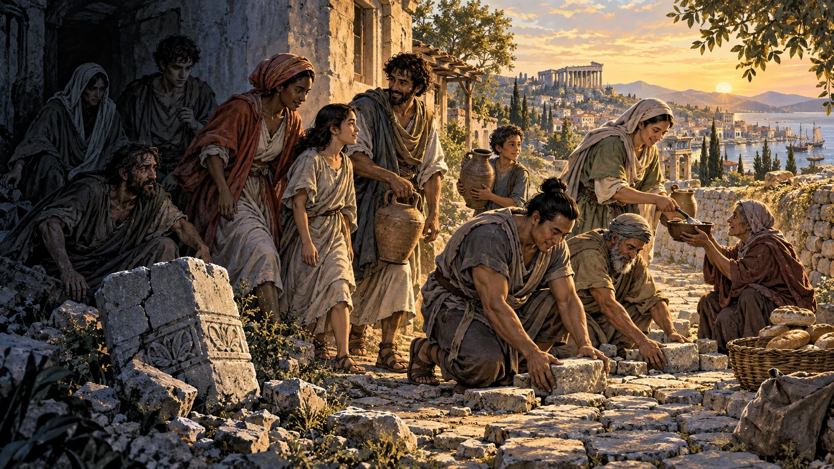 Neighbors emerge from shadow to repair a road, carry water, and share food in dawn light.