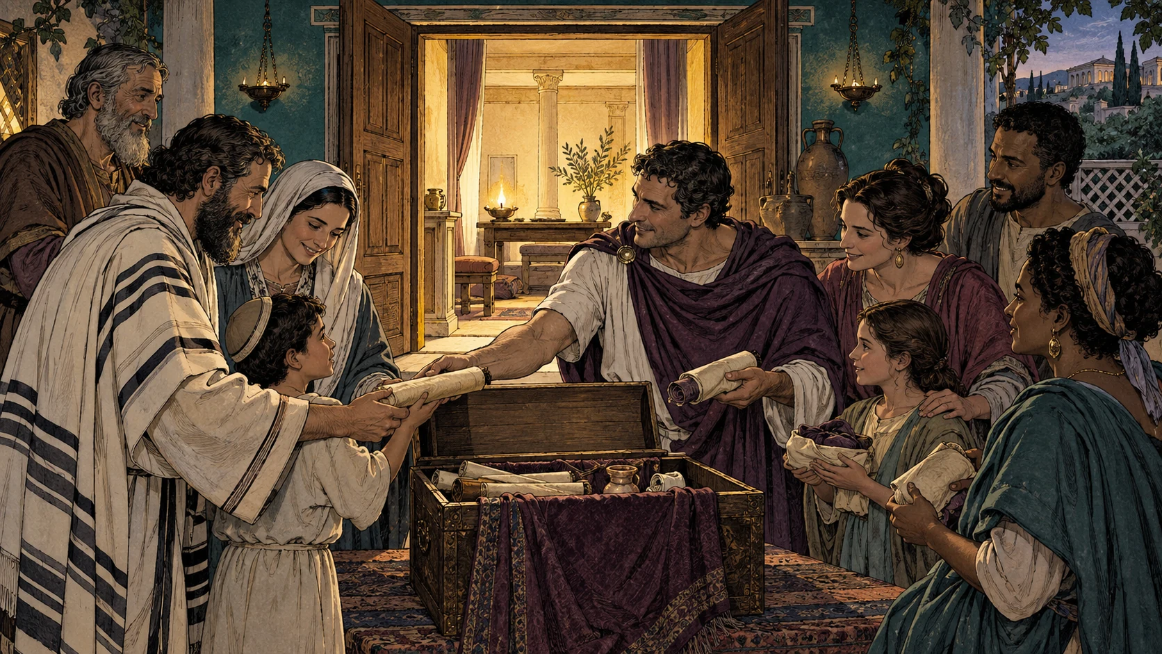 Jewish and Gentile families receive equal portions from one opened inheritance chest.