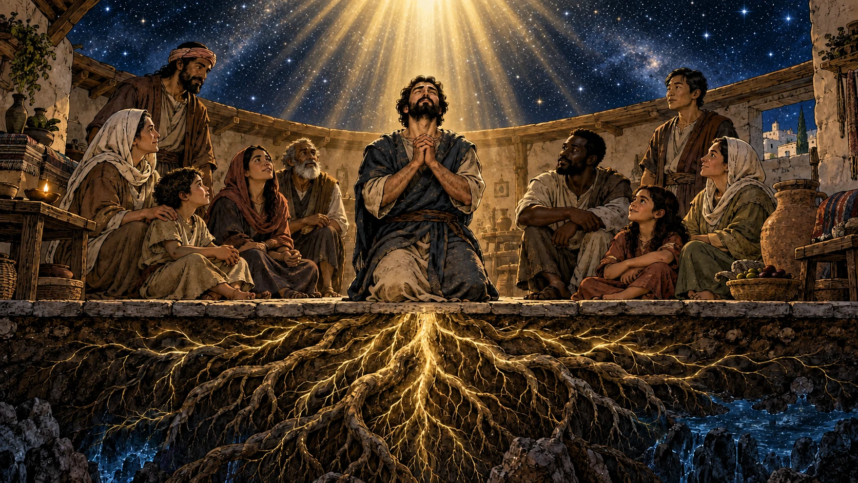 A household prays above radiant roots under a vast starry canopy.