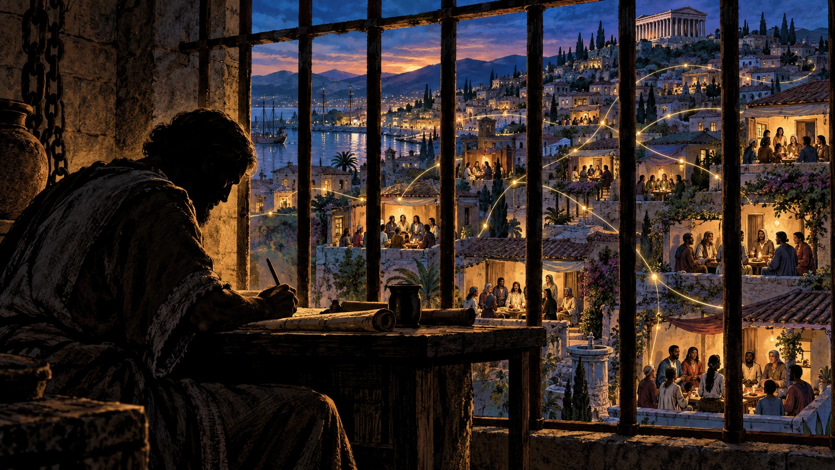 A shadowed imprisoned writer works while many house gatherings shine across Ephesus.