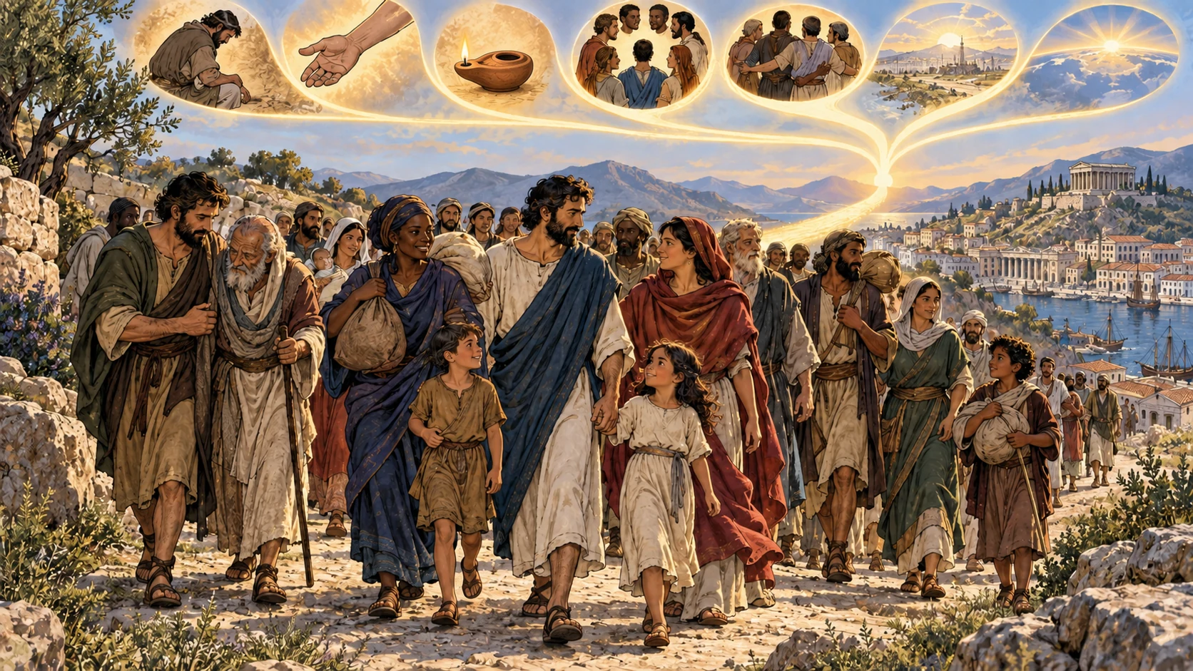 A diverse community walks one road while supporting elders and carrying one another’s burdens.