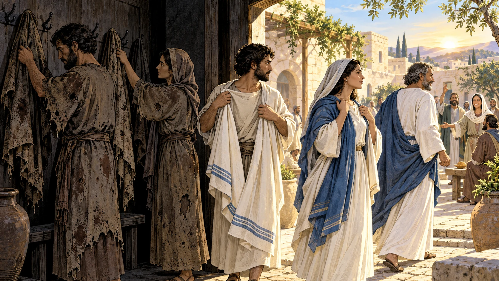 Believers leave stained garments at a dark doorway and put on clean mantles in morning light.
