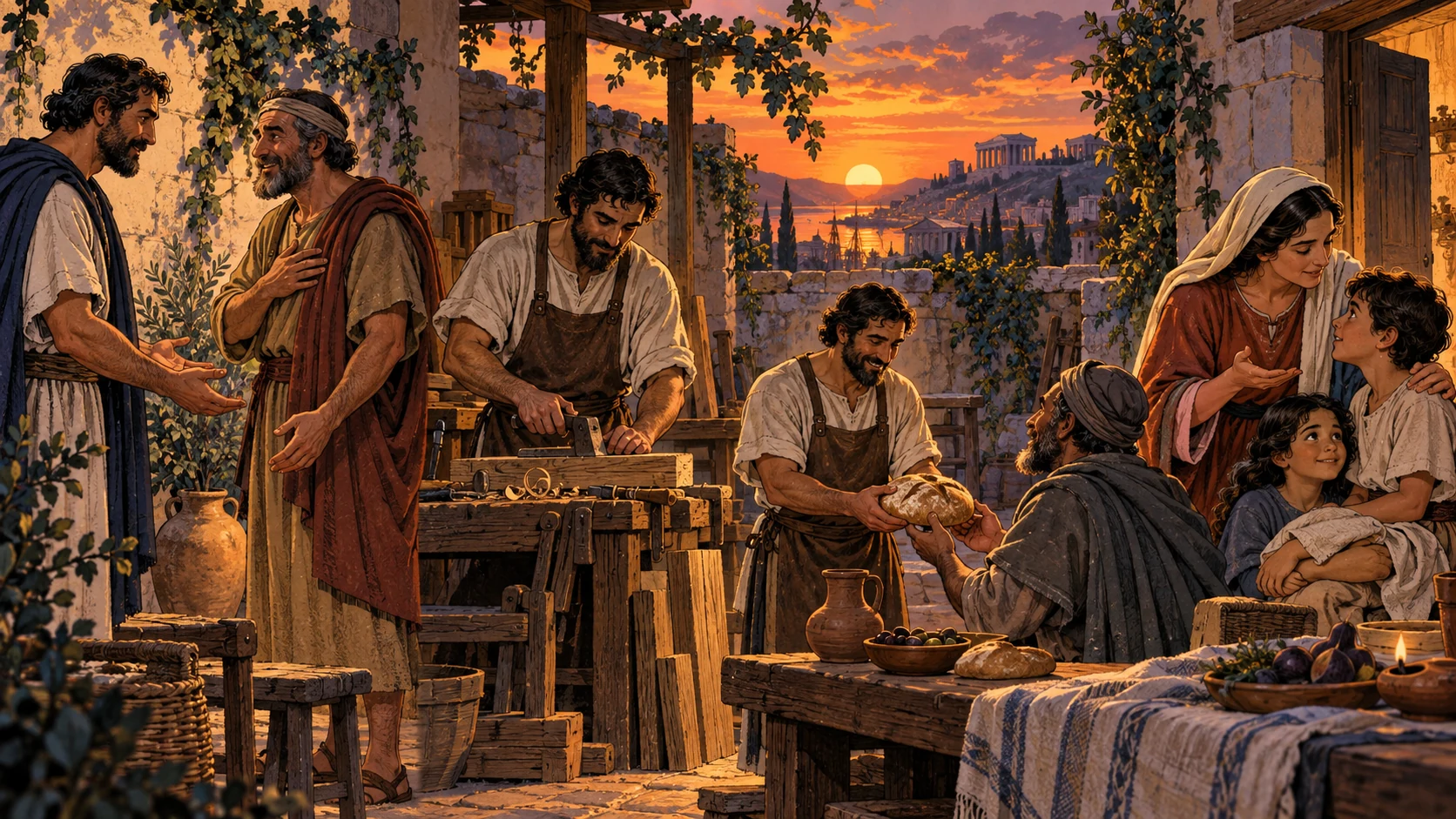 Neighbors reconcile, work honestly, share bread, and comfort one another before sunset.