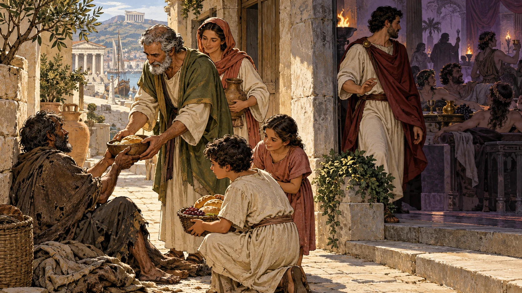 A household feeds a poor neighbor while another person turns away from a shadowed corrupt banquet.
