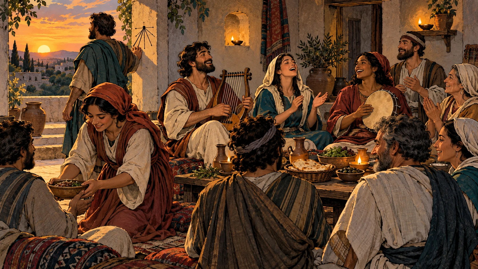 A house church shares a modest meal and sings with lyre and drum at sunset.