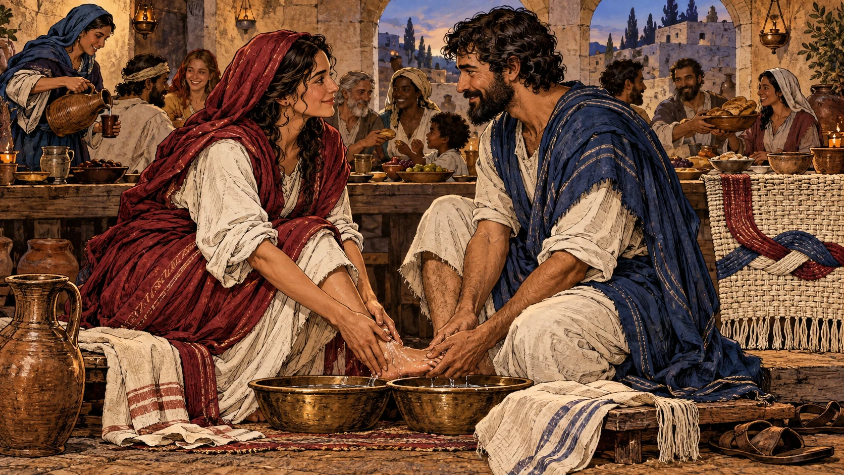 A married couple washes one another’s feet while serving a larger gathered community.