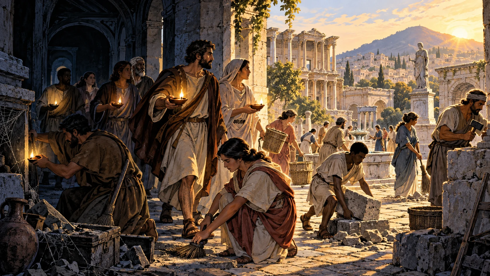 People carry lamps from a dark arcade into sunrise as they clean and repair a neglected square.