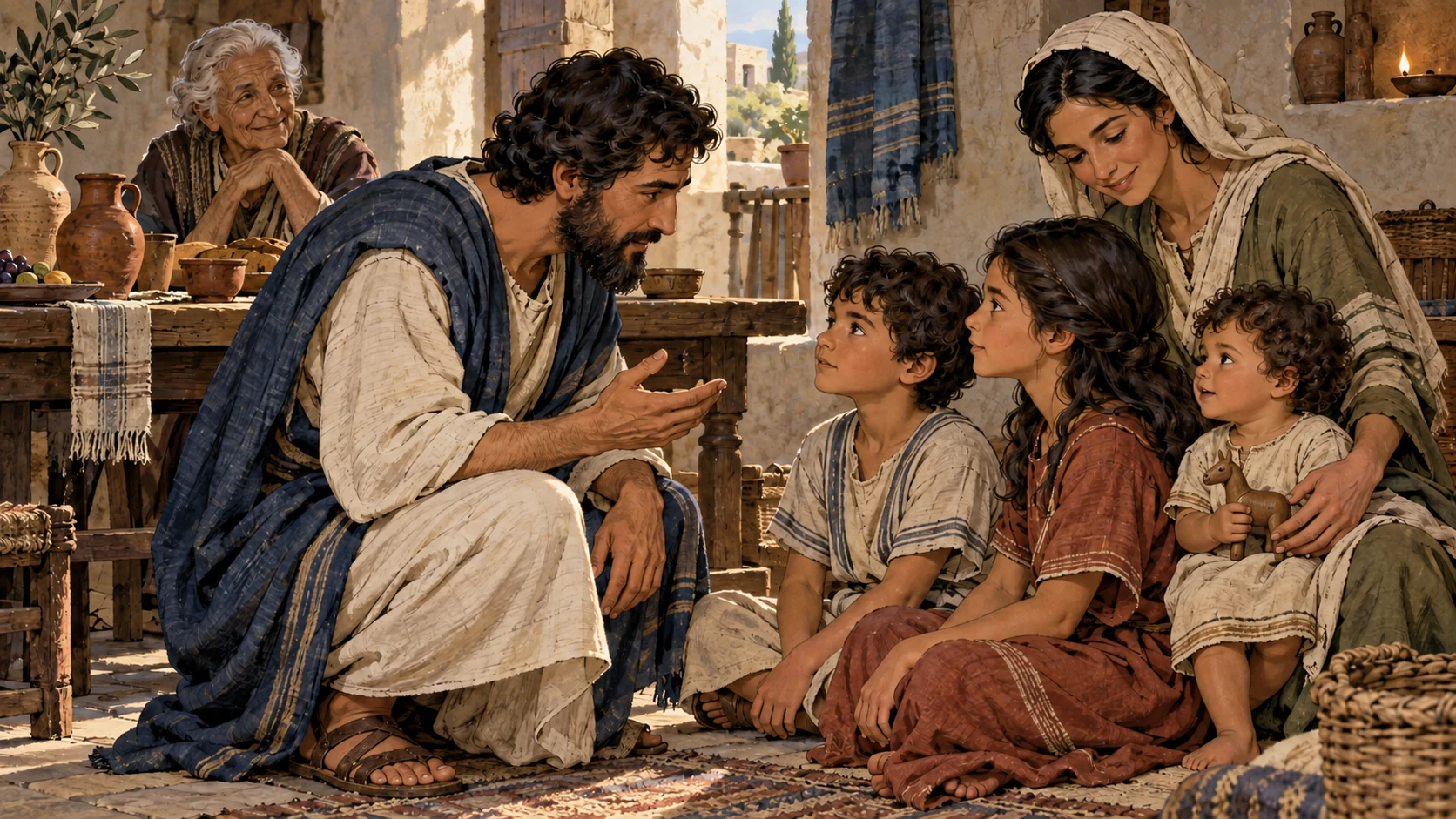 A father kneels to instruct attentive children while their mother and grandmother share the household space.