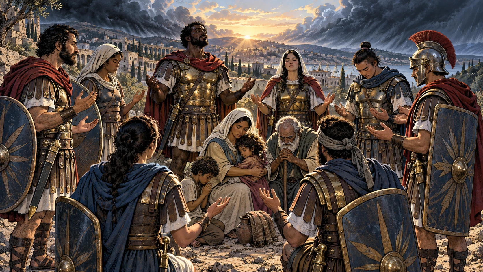 A diverse community in Roman defensive armor prays in a protective circle around vulnerable neighbors.