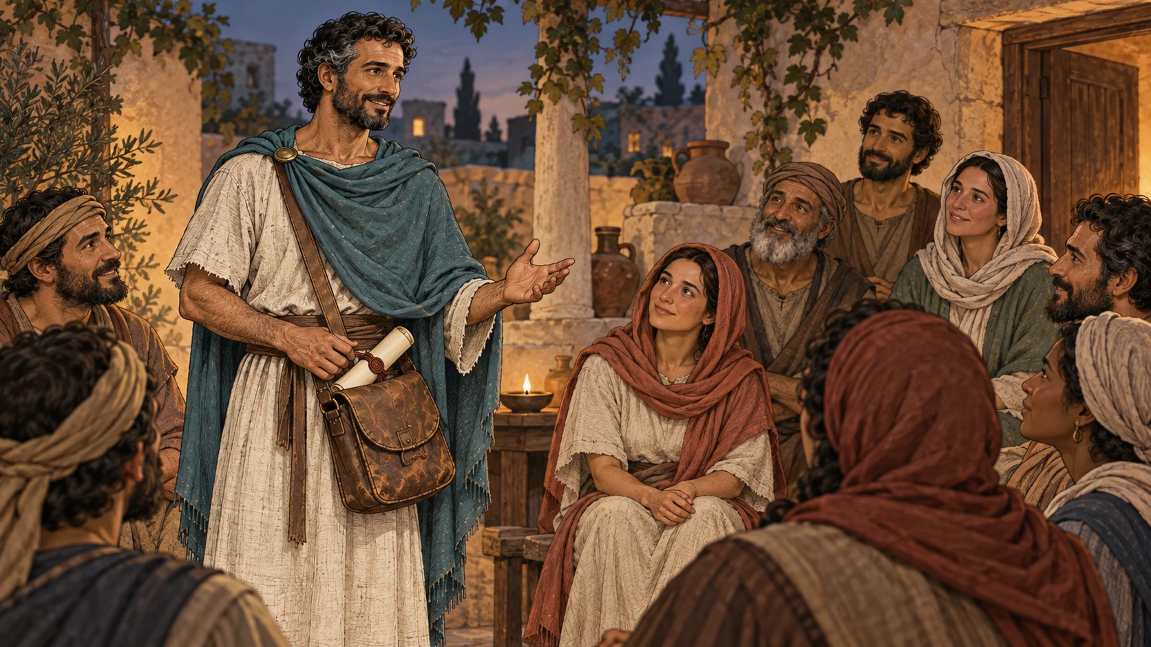 Tychicus in a teal mantle encourages a gathered household with a blank sealed scroll in his satchel.