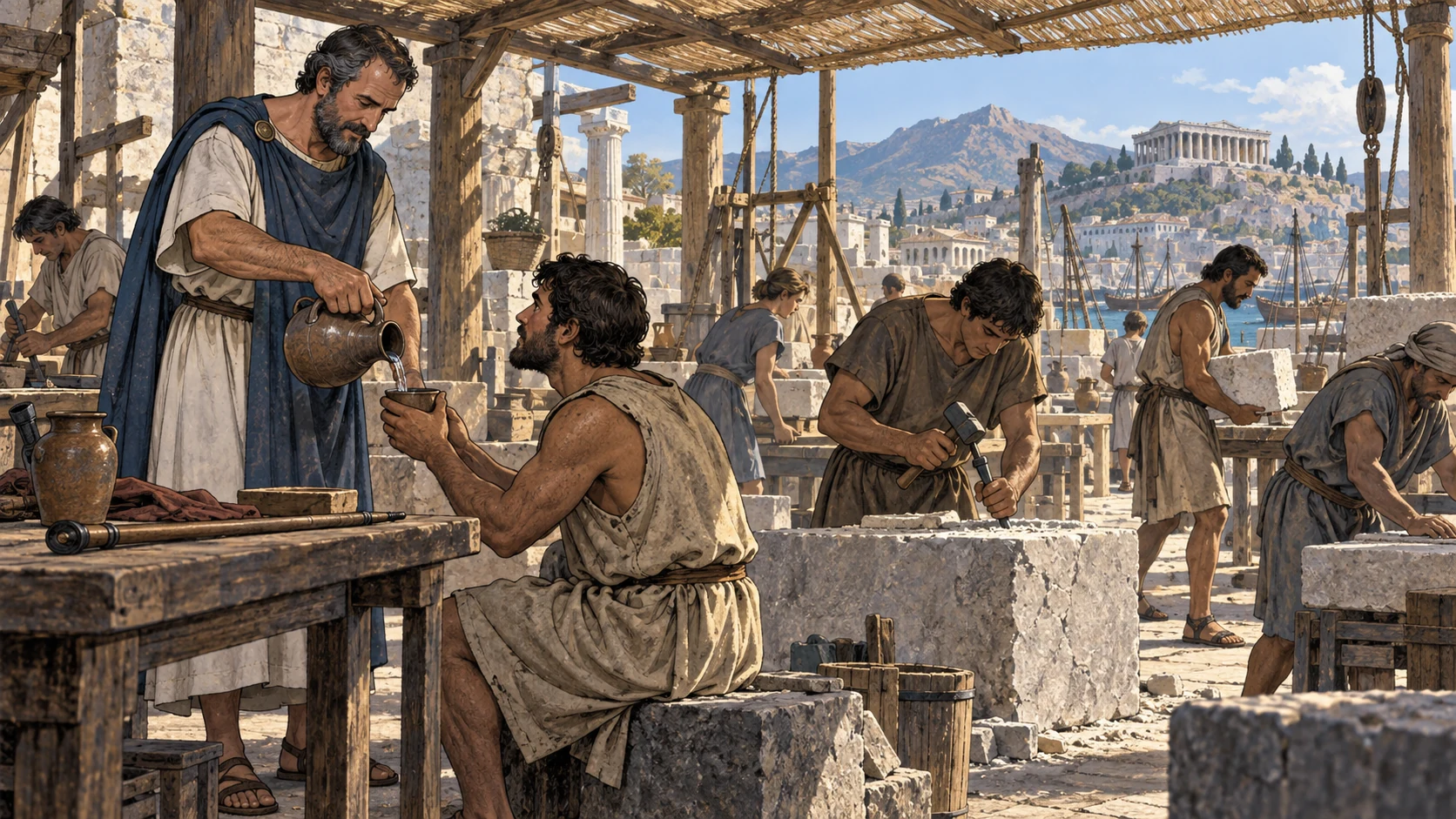 In an Ephesian workshop a master shares water with a laborer while everyone continues honest work.