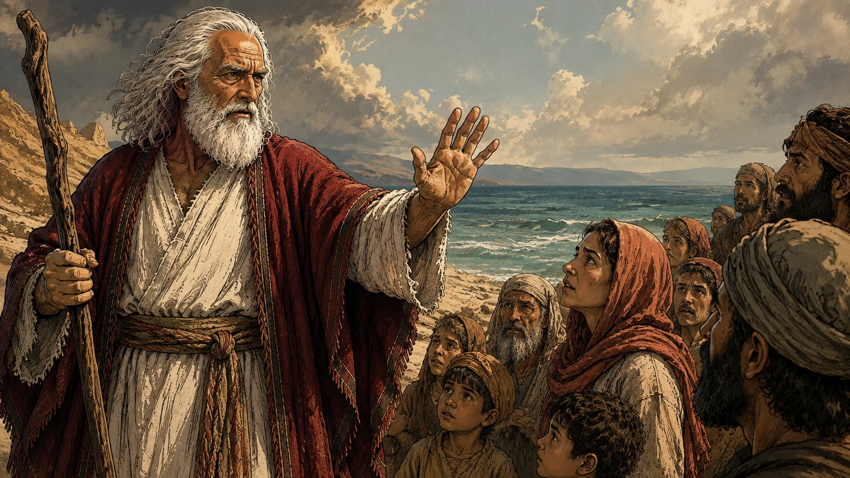 Exodus 14:13-14. Stand firm. Moses facing frightened Hebrew families beside the sea, holding staff with one hand and lifting his other open palm calmly to reassure them. Close medium scene, attentive worried faces beginning to settle. No divided sea yet, no visible divine figure. Bronze Age Exodus setting, not first-century staging. One 16:9 single scene. No text or lettering.