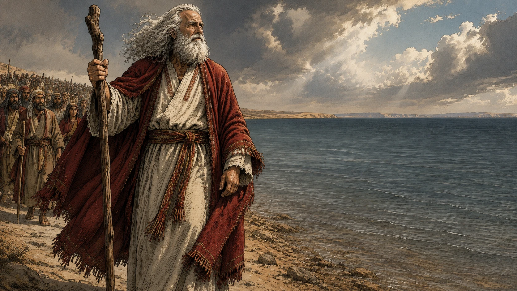 Exodus 14:15-18. Tell Israel to advance. Moses stands at the edge of the still-unbroken sea, staff upright, looking with renewed resolve across the water while travelers gather ready behind him. Wind beginning to lift his crimson mantle. No water walls yet and no human-shaped deity, no lettering. Bronze Age Exodus setting, not first-century staging. One 16:9 single scene. No text or lettering.