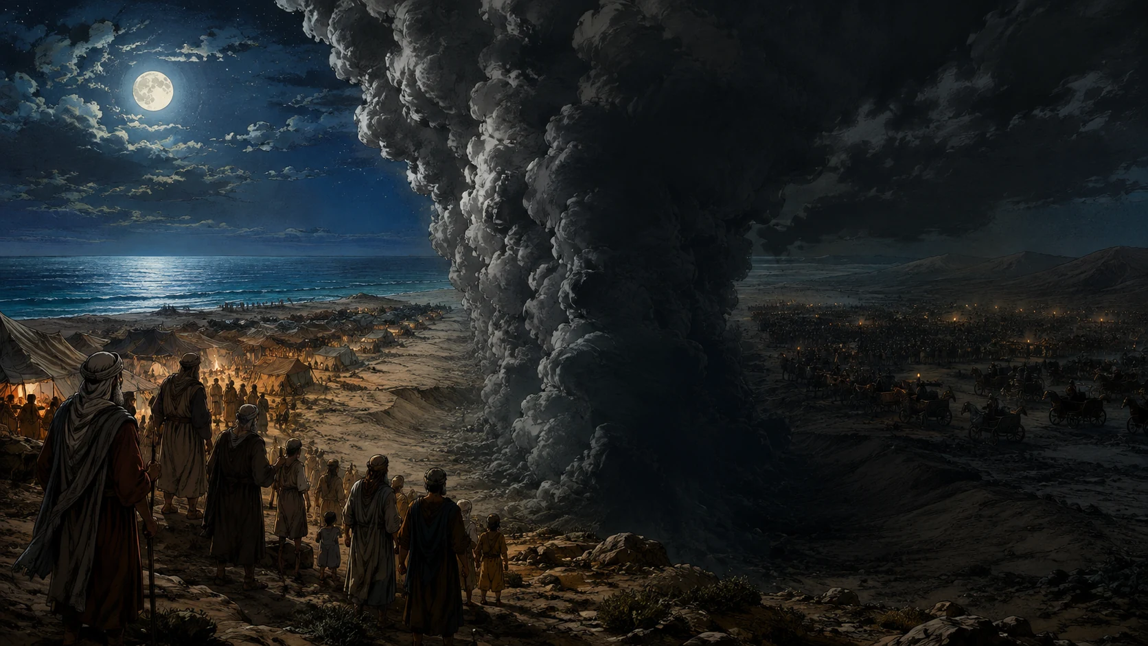 Exodus 14:19-20. Between the two camps. Wide night scene: towering dense cloud forms a barrier between two land camps; Hebrew families and tents on its softly illuminated side, distant Egyptian chariots on its dark side. Unbroken sea visible beyond the Hebrew camp. No person, face or wings inside the cloud, no invented human angel. Bronze Age Exodus setting, not first-century staging. One 16:9 single scene. No text or lettering.