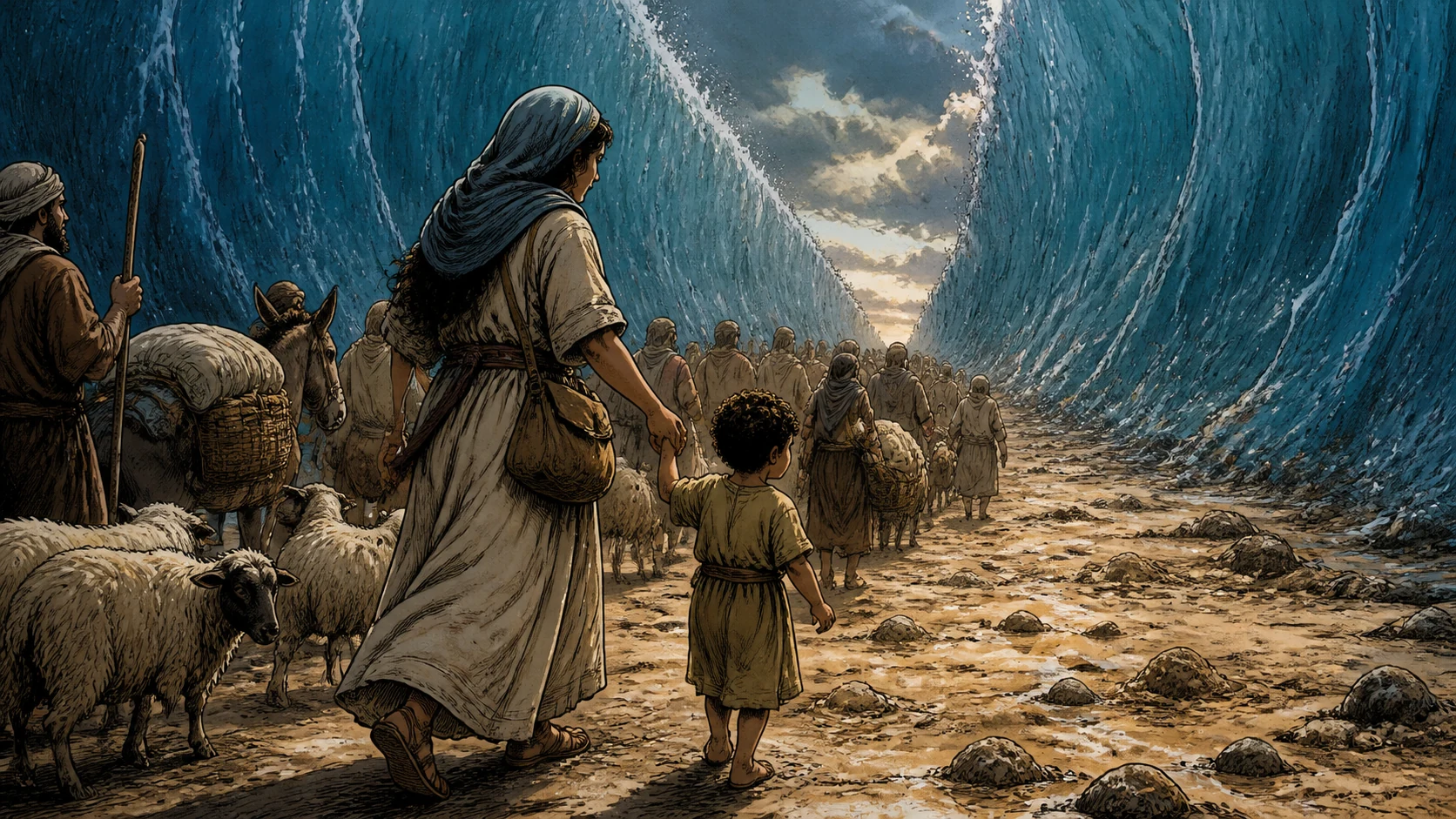 Exodus 14:22-22. Dry ground between the waters. Cinematic wide single scene within the dry seabed corridor: Hebrew families with children, laden donkeys and sheep walk forward between towering blue walls of water on both sides. Focus on a parent holding a child's hand and the awe of travelers, firm dry ground underfoot; no Egyptian chariots in this frame. Bronze Age Exodus setting, not first-century staging. One 16:9 single scene. No text or lettering.