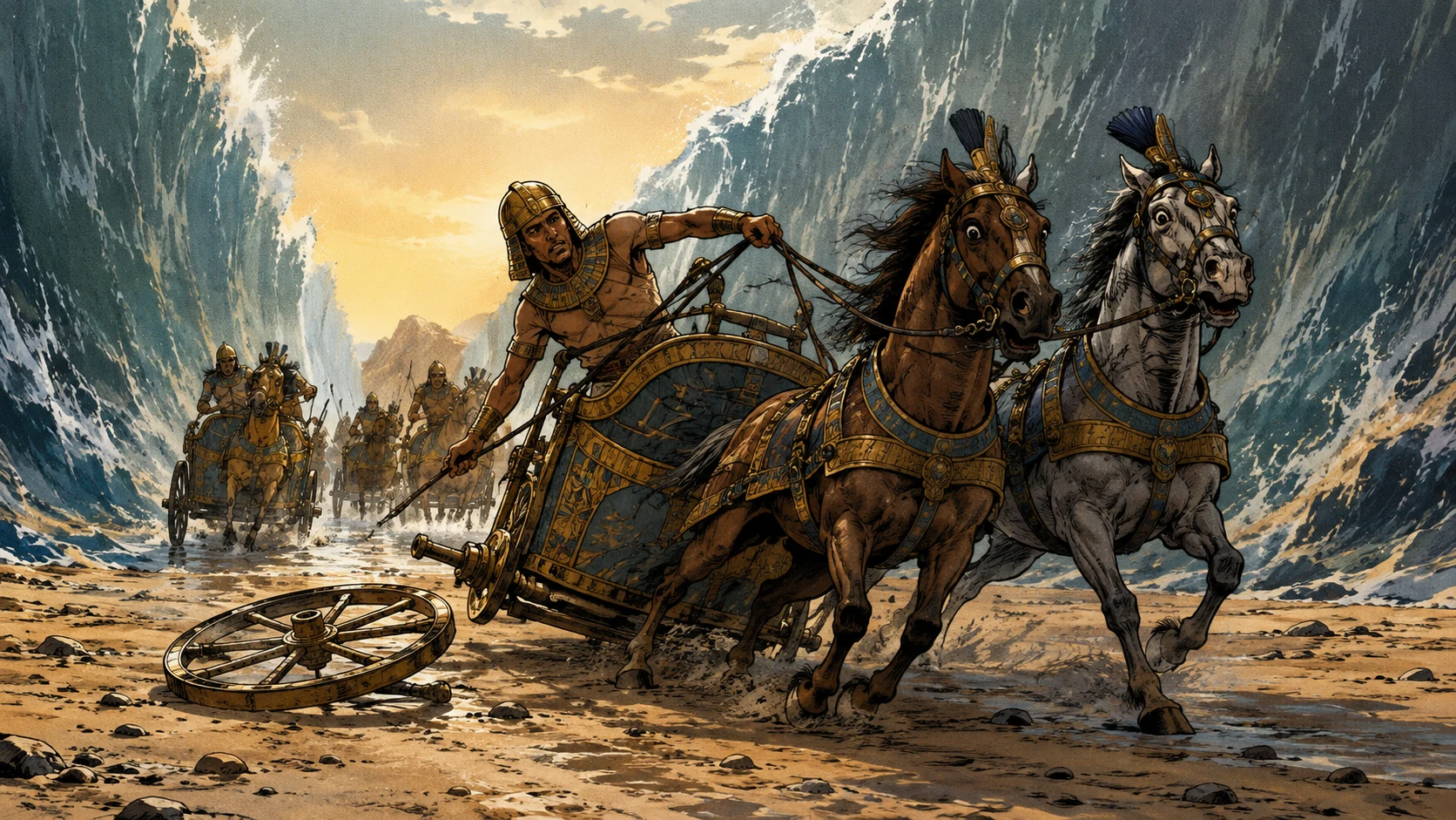 Exodus 14:23-25. The chariots falter. Early morning in the sea corridor: an Egyptian two-wheeled chariot tilts after a wheel has detached, the wheel lying beside its axle. Driver struggles with reins and two startled but unharmed horses while other chariots slow behind. Water walls still rise on both sides. No Israelites caught beneath wheels, no graphic injury, no Roman equipment. Bronze Age Exodus setting, not first-century staging. One 16:9 single scene. No text or lettering.