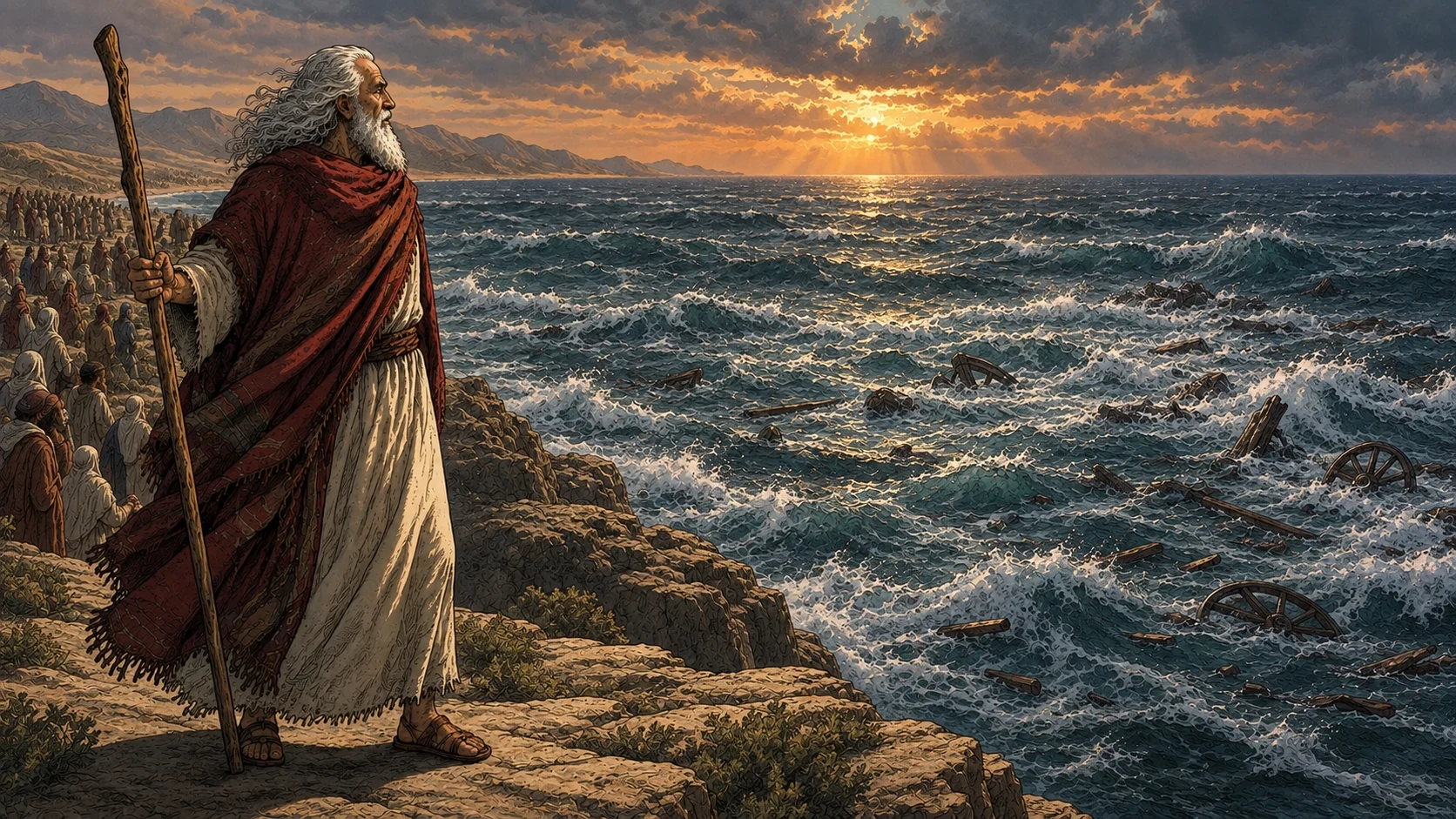 Exodus 14:28. The sea has fully returned; restrained wreckage marks the aftermath.