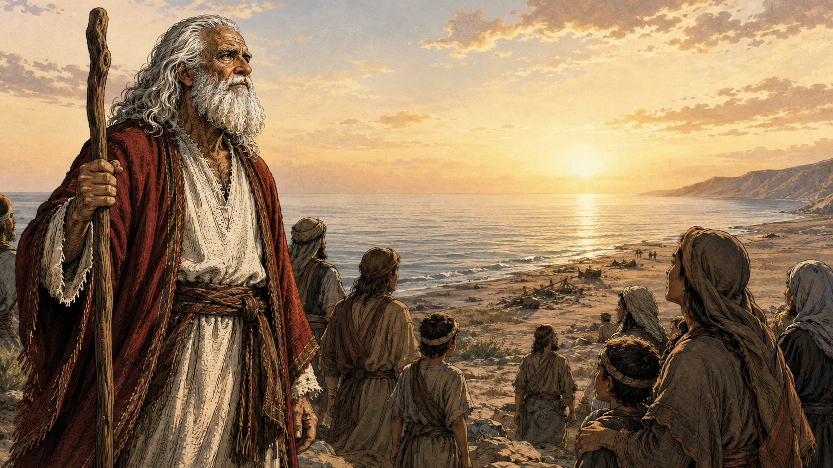 Exodus 14:29-31. Israel sees deliverance. Quiet dawn aftermath on the safe far shore: Hebrew families and Moses stand in awed relief overlooking a now continuous sea. Broken chariot wood on a distant stretch of shore, with a few tiny motionless fully clothed Egyptian soldiers in the far background only, no detail of injury. The living foreground families are unharmed; focus on gratitude and solemn awe, not celebration over bodies. Bronze Age Exodus setting, not first-century staging. One 16:9 single scene. No text or lettering.