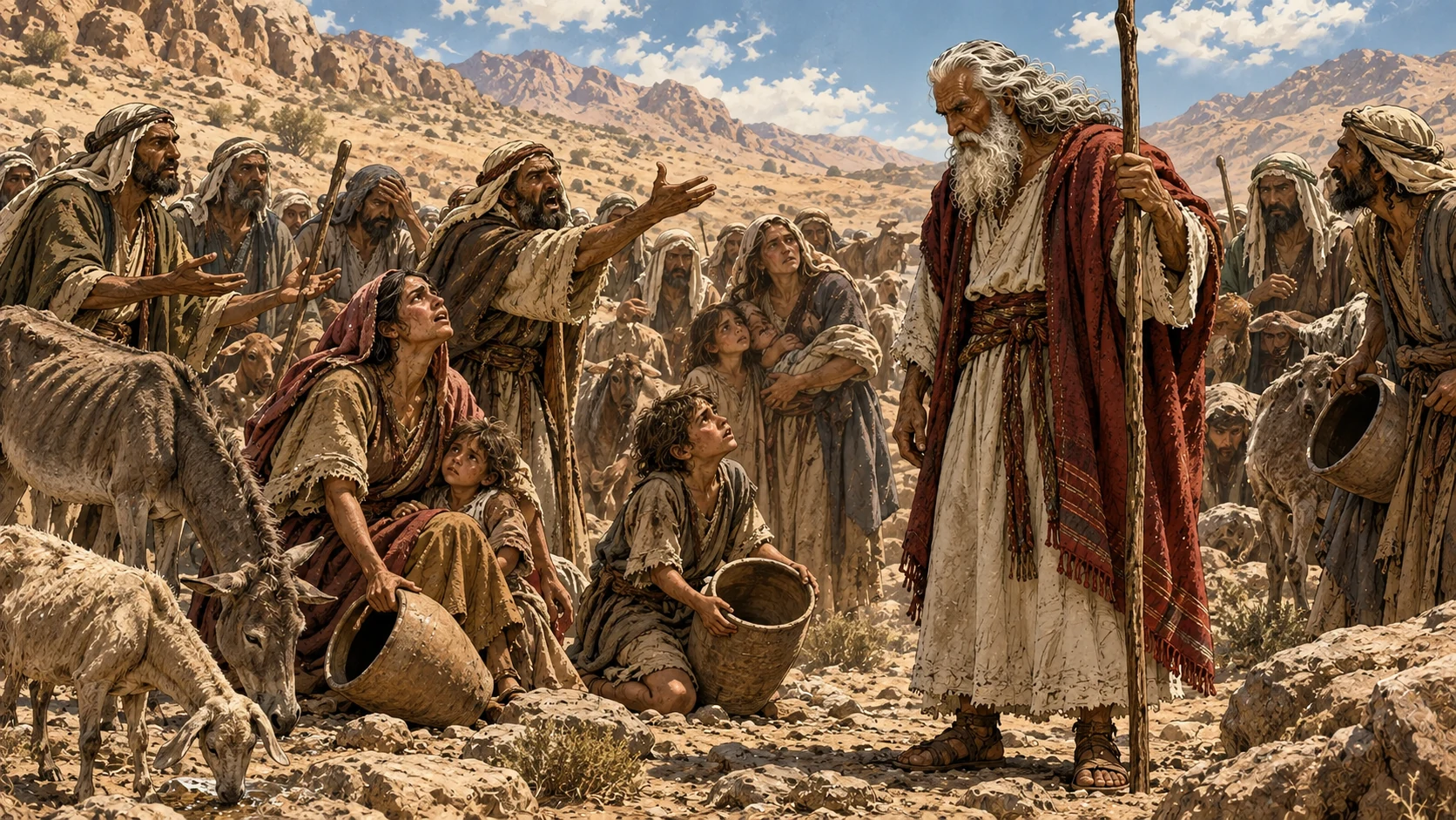 Exodus 17:3. Thirsty families and livestock frame the people’s accusation against Moses.