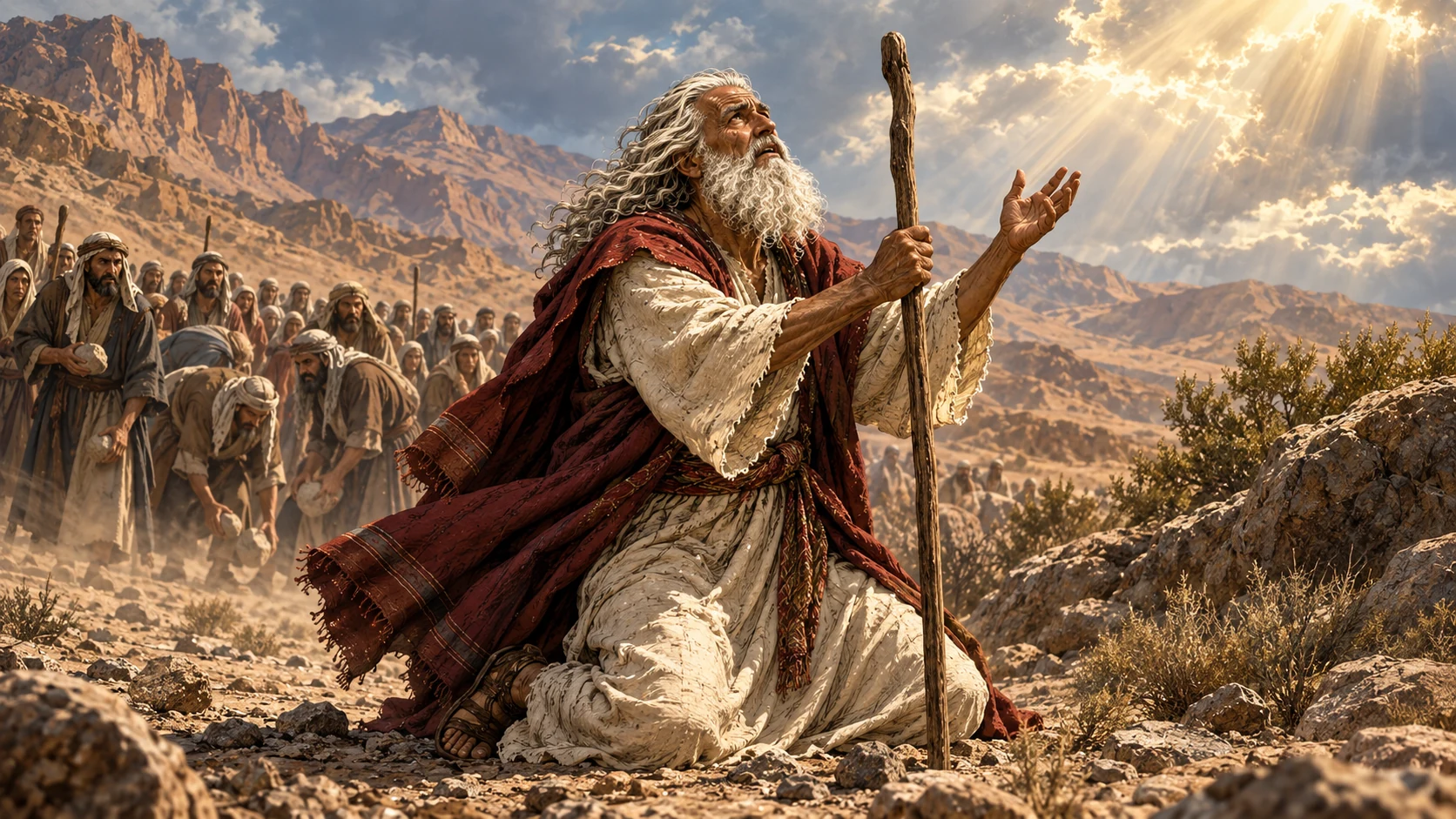 Exodus 17:4. Moses cries out to Yahweh while the threat of stoning gathers behind him.