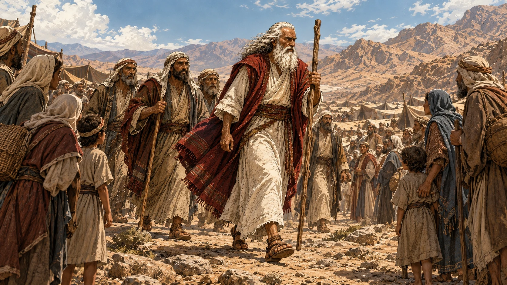 Exodus 17:5. Moses passes before the people with elders and the staff.
