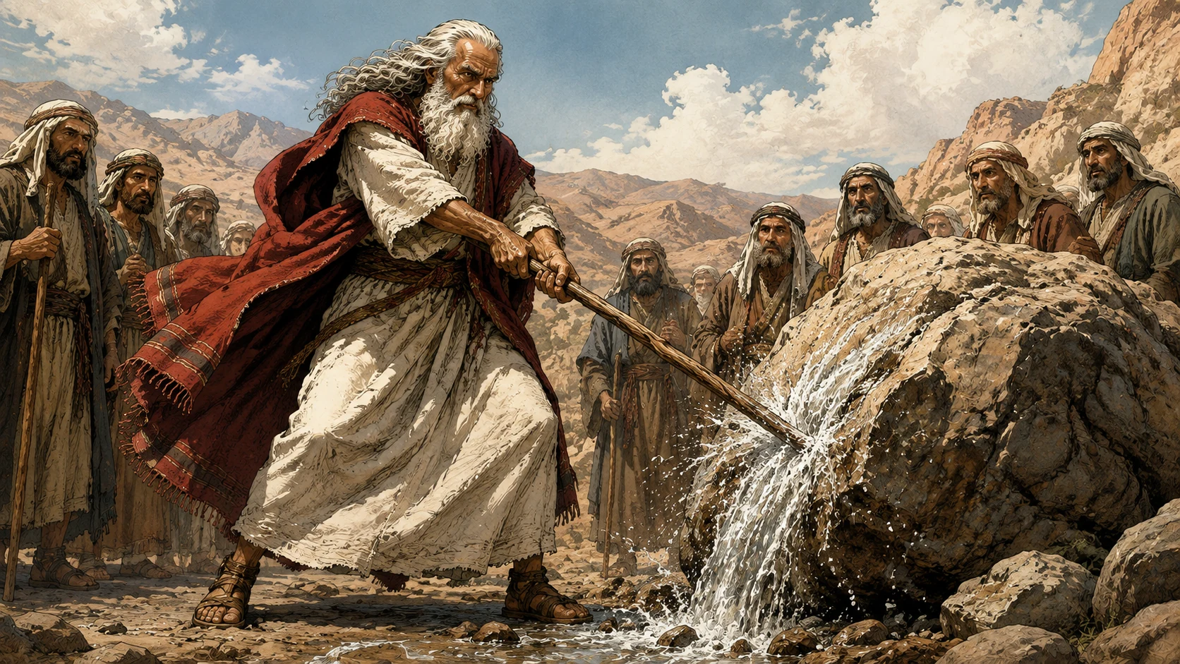 Exodus 17:1-7. Water from the rock. Moses strikes a rock as water flows and elders stand nearby; no later Numbers scene. Bronze Age Exodus setting, not first-century staging. One 16:9 single scene. No text or lettering.