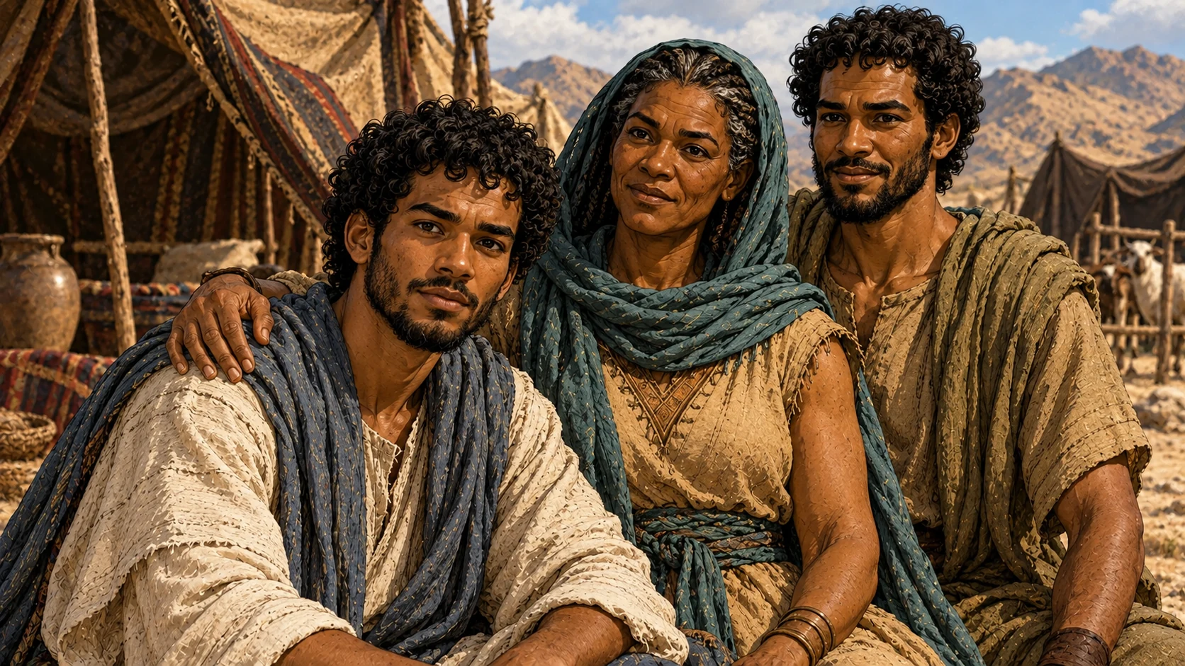 Exodus 18:3. Zipporah with her grown sons, Gershom individually foregrounded.