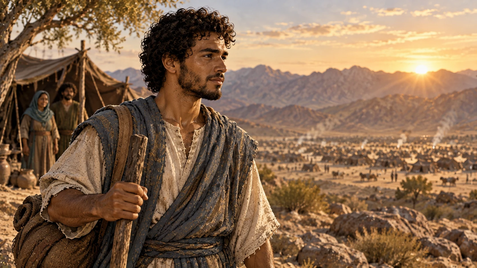 Exodus 18:4. Eliezer stands apart, looking toward Israel’s camp; Zipporah and Gershom remain in the distant family tent.