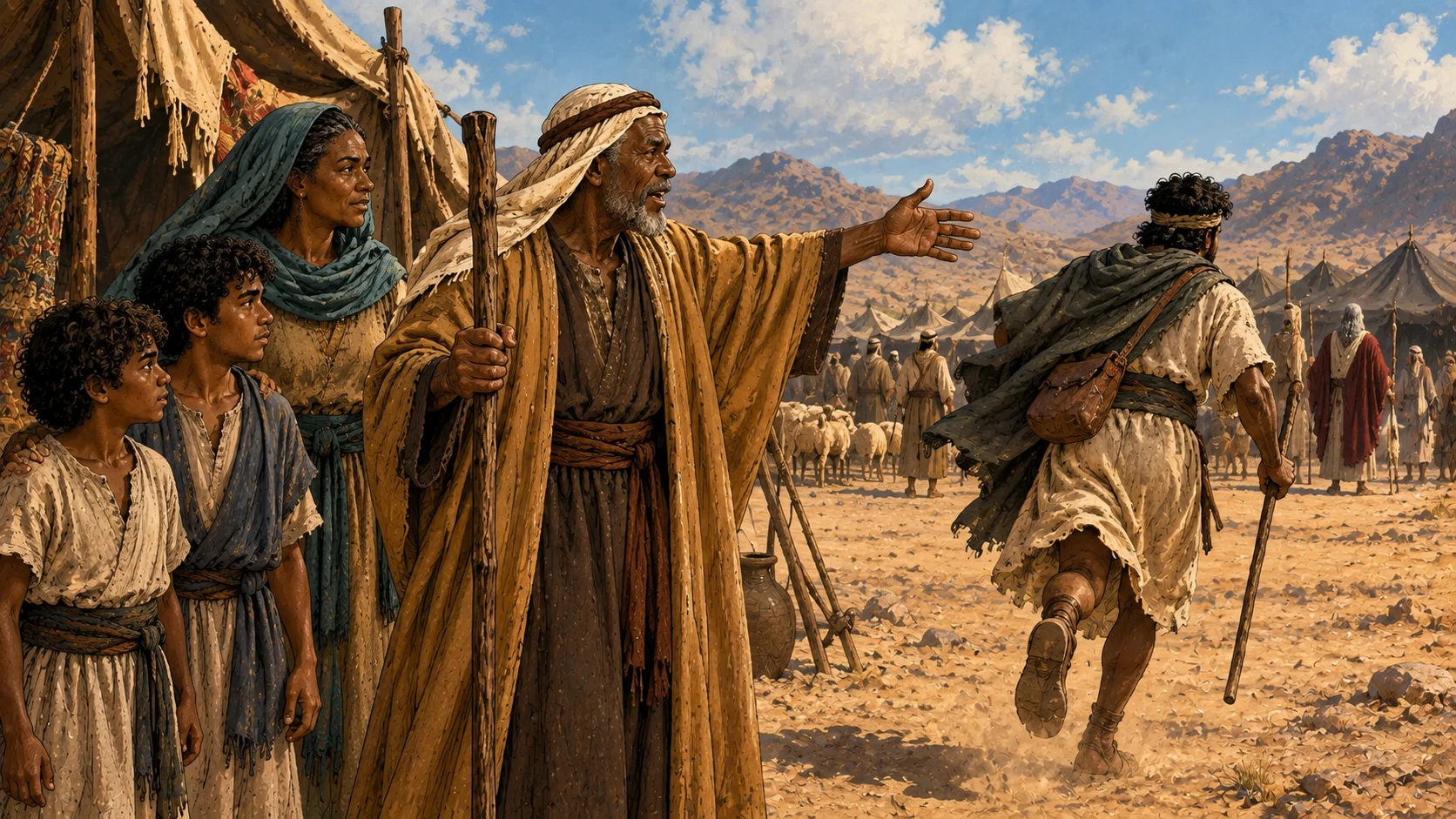 Exodus 18:6. Jethro announces his approach with Zipporah and the two sons.