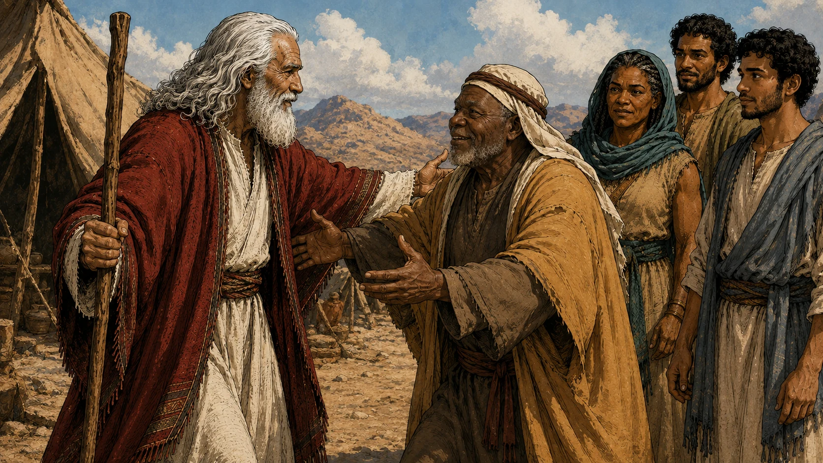 Exodus 18:1-12. A family reunion. Moses warmly receives elderly Jethro with older Zipporah and two sons beside camp. Bronze Age Exodus setting, not first-century staging. One 16:9 single scene. No text or lettering.