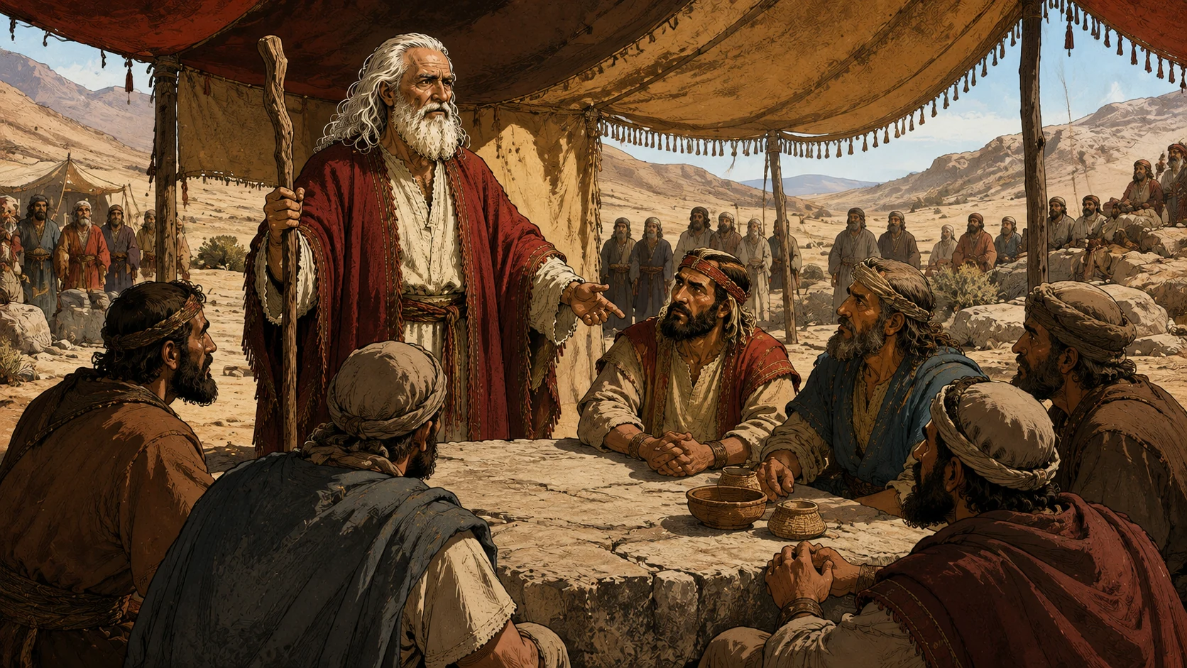 Exodus 18:13-27. Share the burden. Moses consults a group of appointed judges under an open tent while petitioners wait in orderly small groups. Bronze Age Exodus setting, not first-century staging. One 16:9 single scene. No text or lettering.