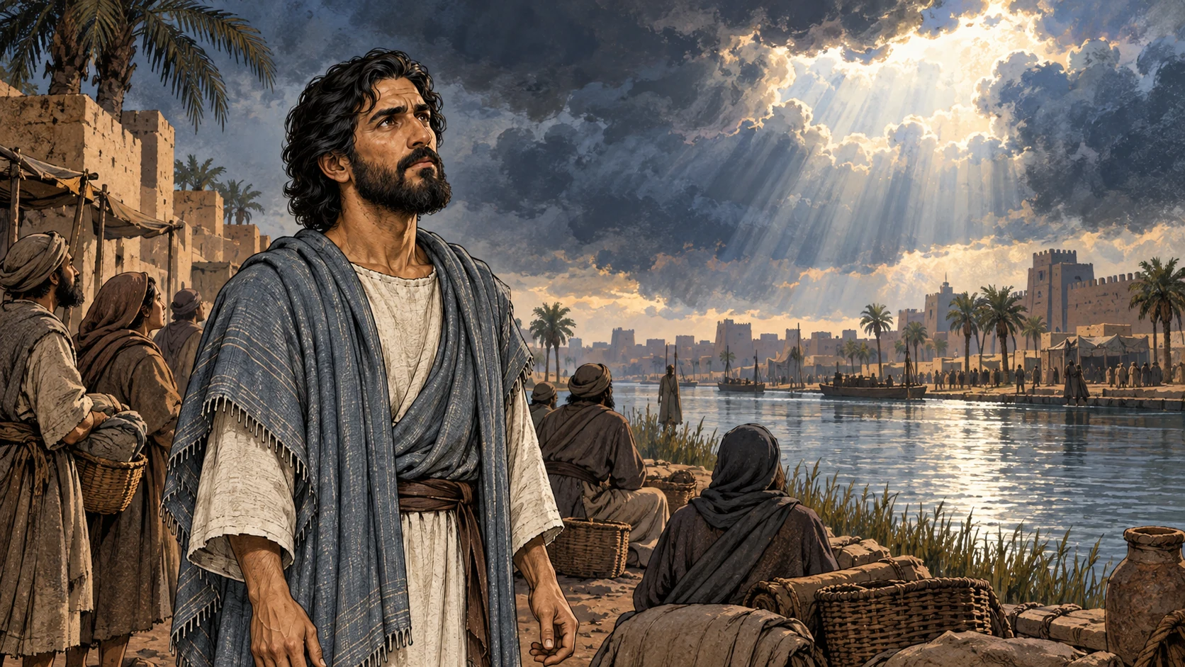 Ezekiel stands among Judean exiles beside the Kebar River as the heavens open.