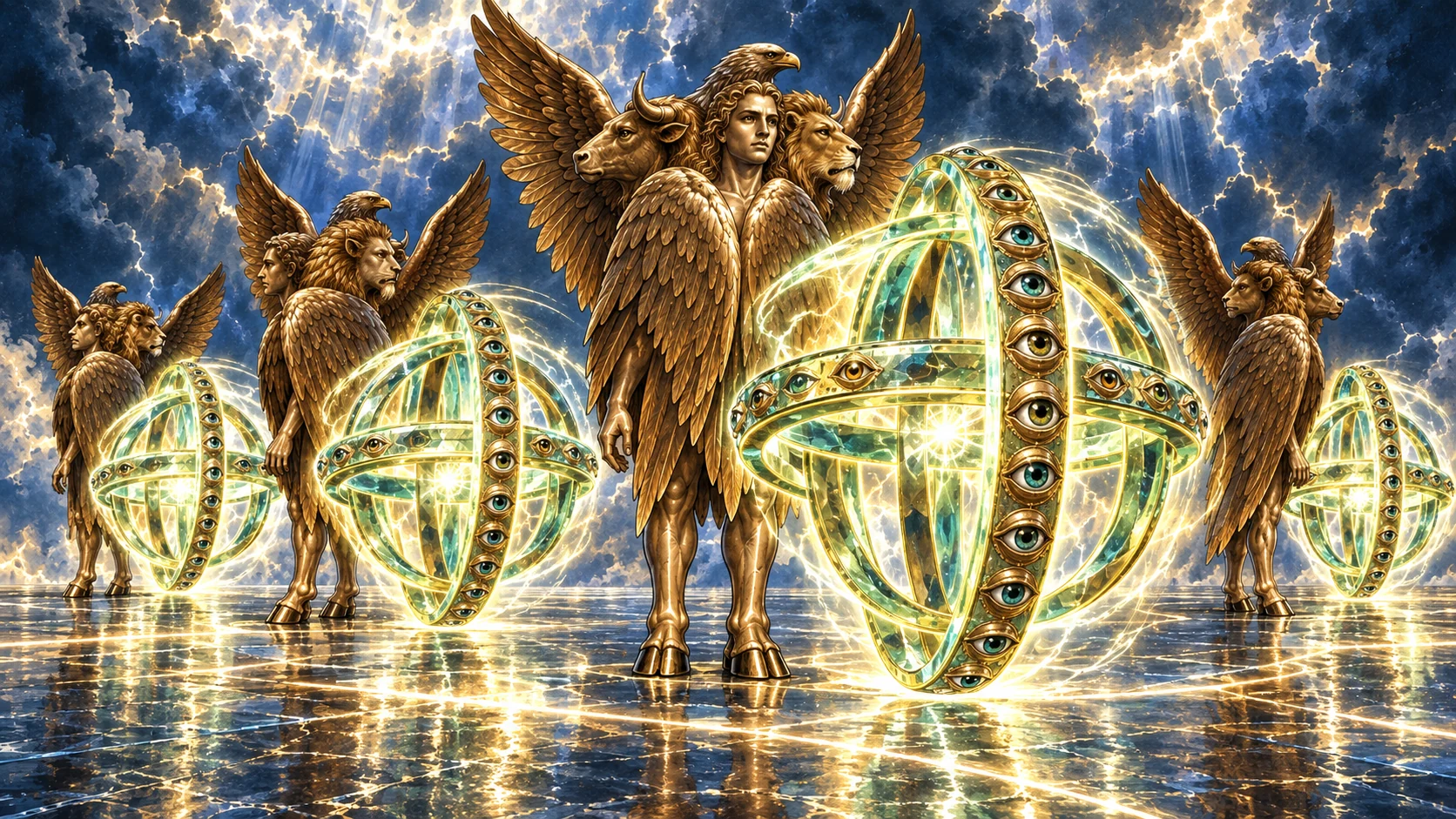 Four intersecting, eye-covered wheels move in unity beside the living creatures.