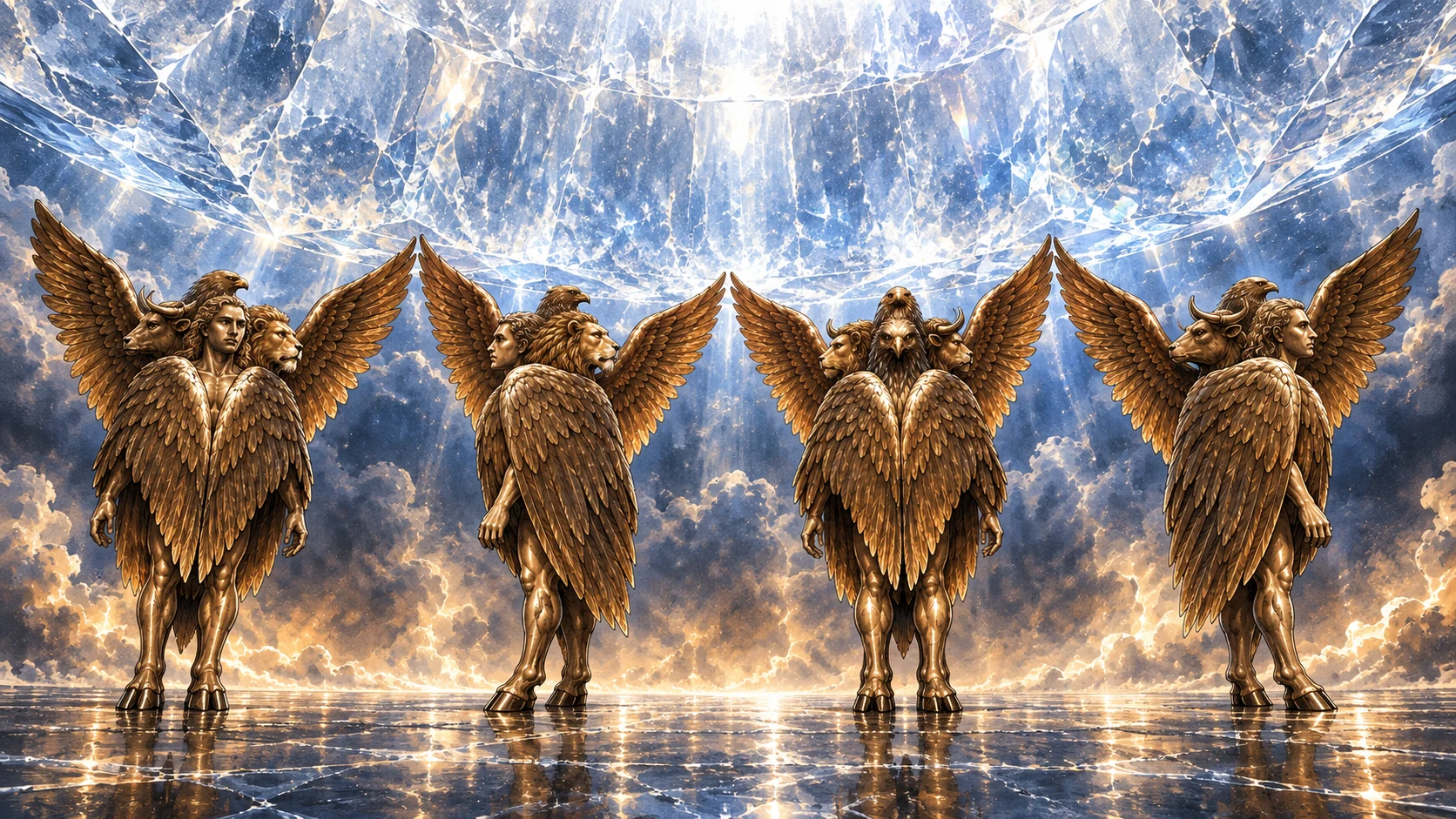 The four living creatures become still beneath an awe-inspiring crystal-like expanse.