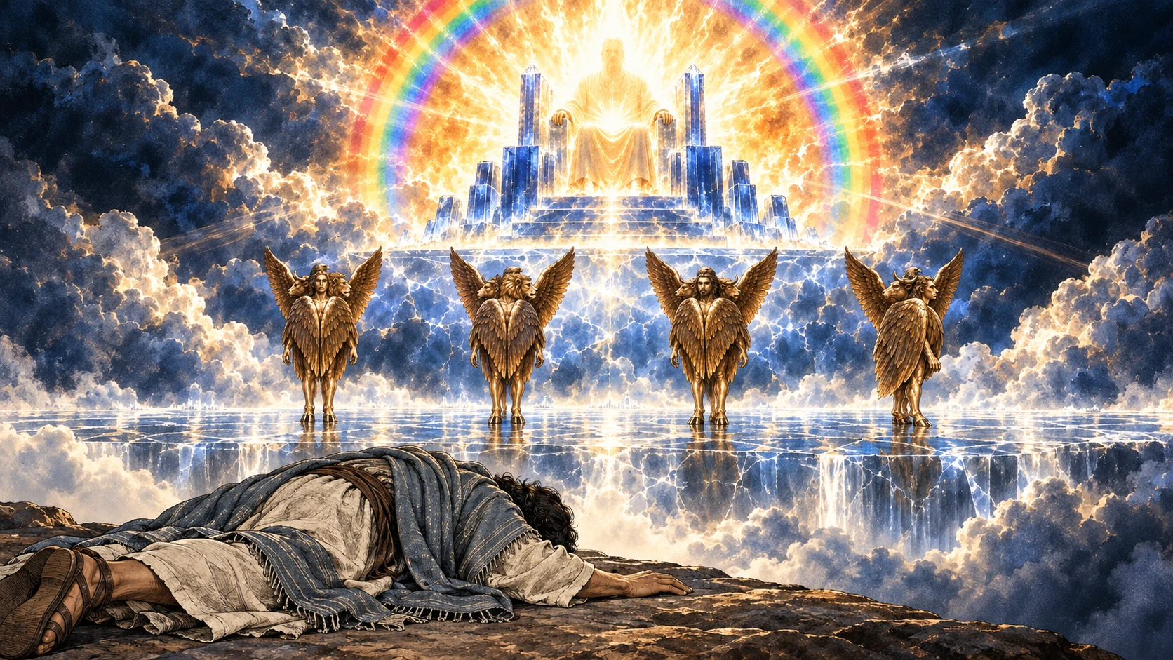 Ezekiel falls face-down before the radiant, rainbow-encircled throne vision.