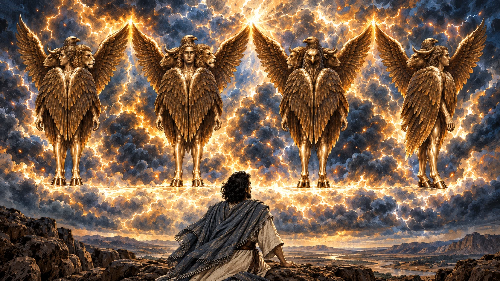 Ezekiel witnesses four living creatures within a fiery storm from the north.