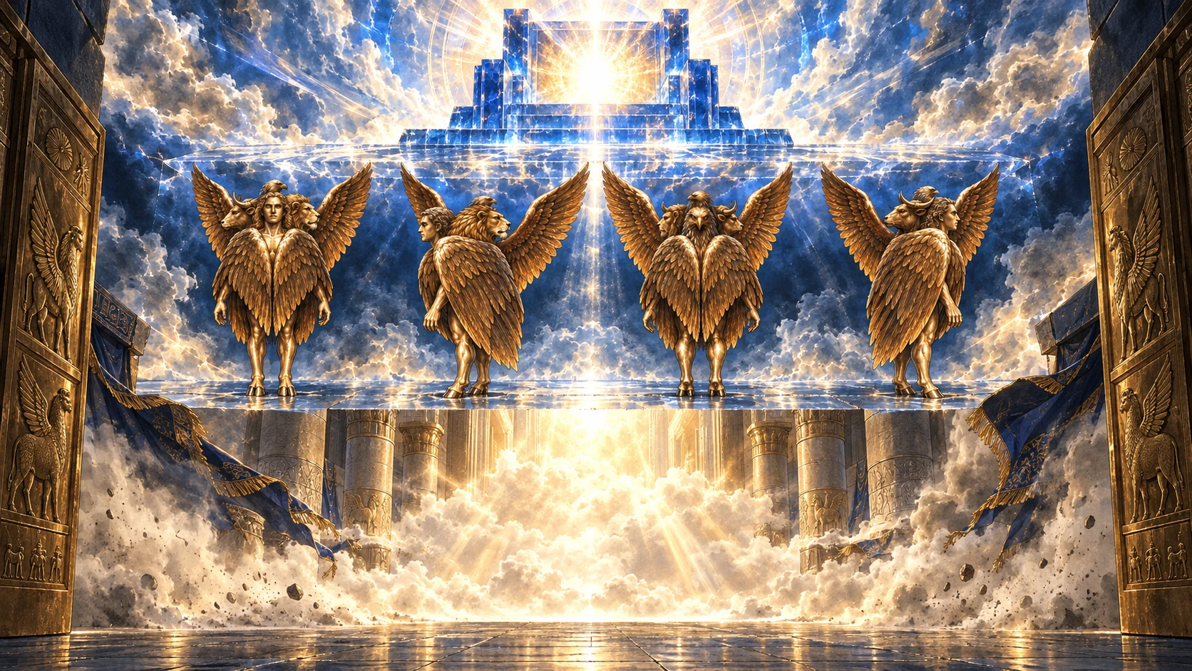 A sapphire throne rises above four living creatures while glory-cloud fills the temple court.