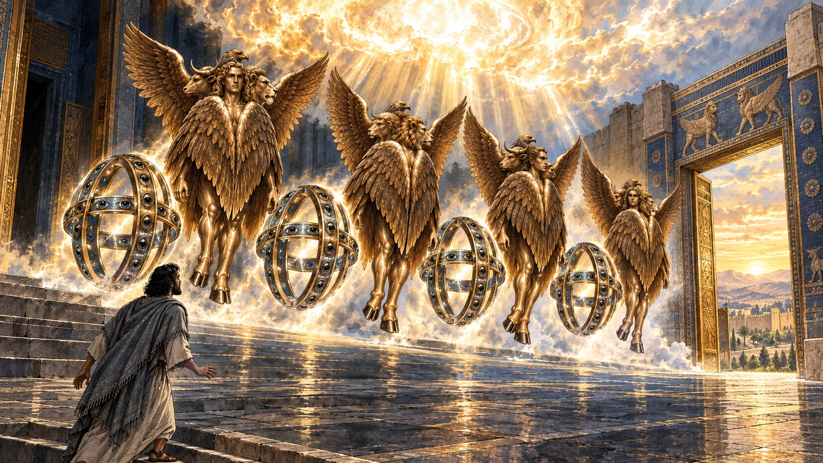 Ezekiel watches four creatures and four wheels rise beneath the departing glory toward the east gate.
