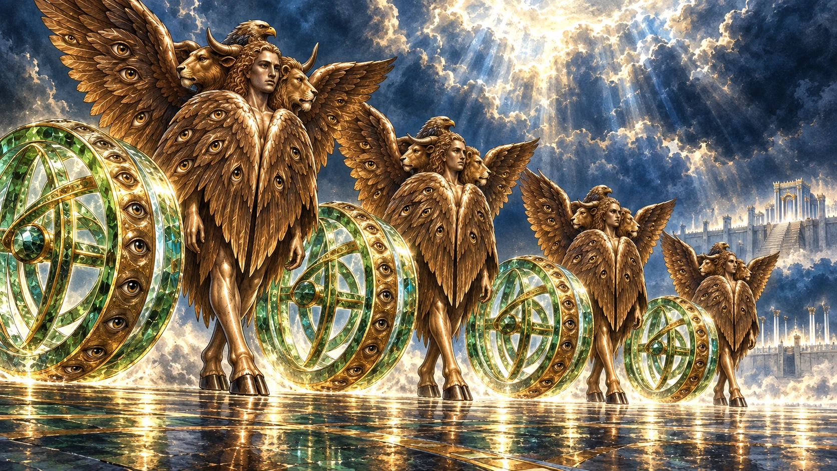 Four eye-rimmed intersecting wheels move in unity beside the four living creatures.