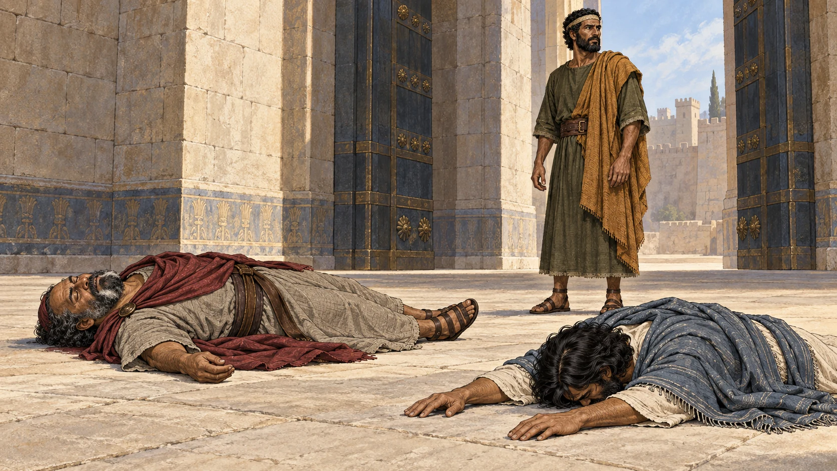 Pelatiah lies still as Ezekiel falls face-down and Jaazaniah stands alone in alarm.