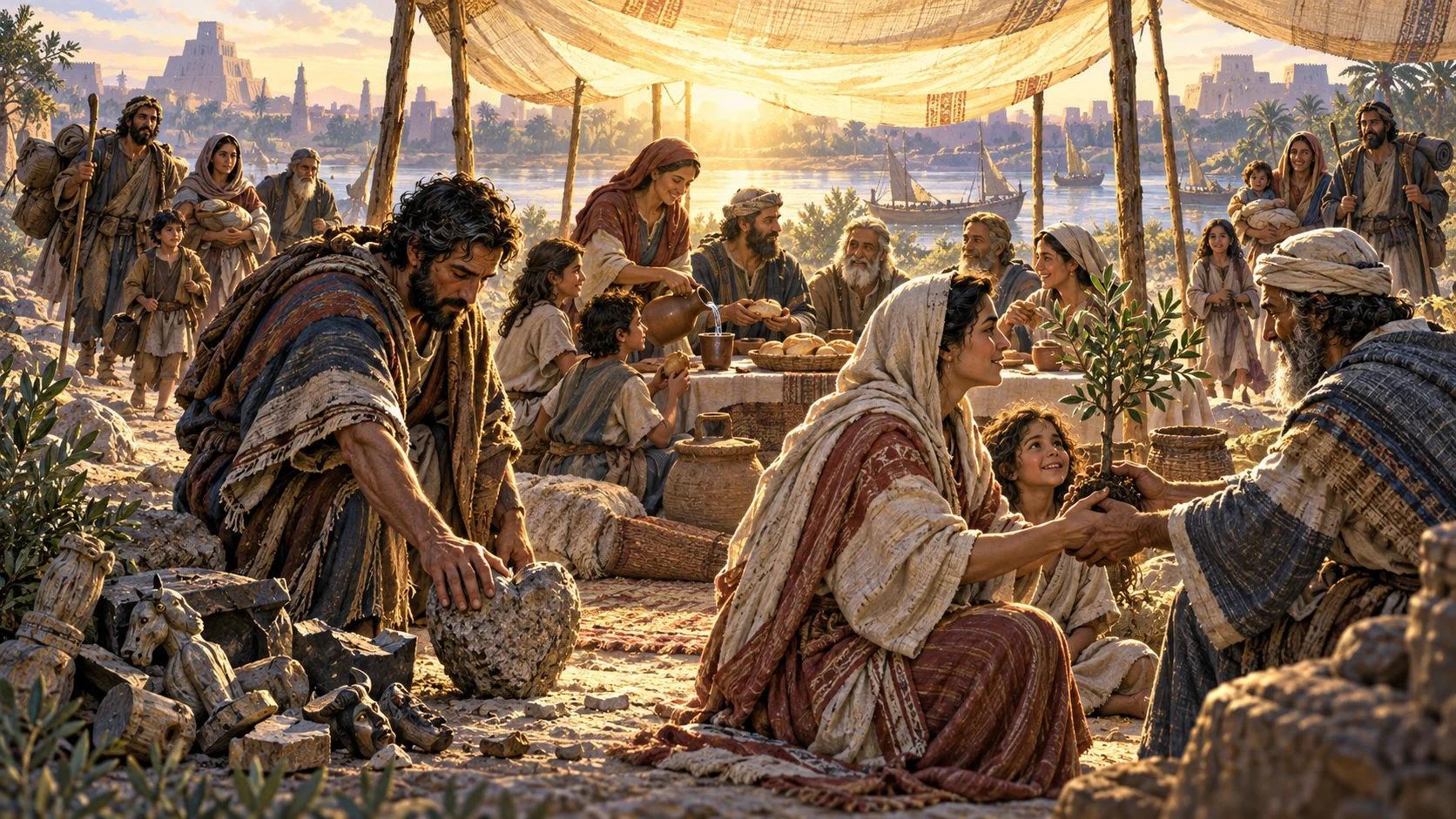 Scattered exile families gather beneath a luminous canopy, set down stone and idols, and receive a living sapling.