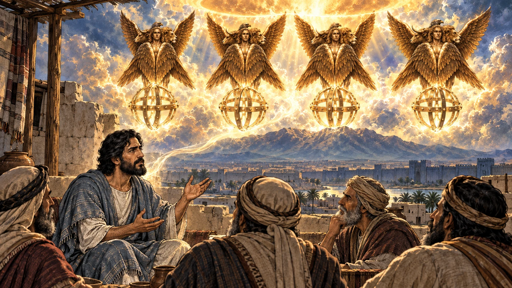 Ezekiel recounts the vision as four living creatures and their wheels remain above the east mountain.