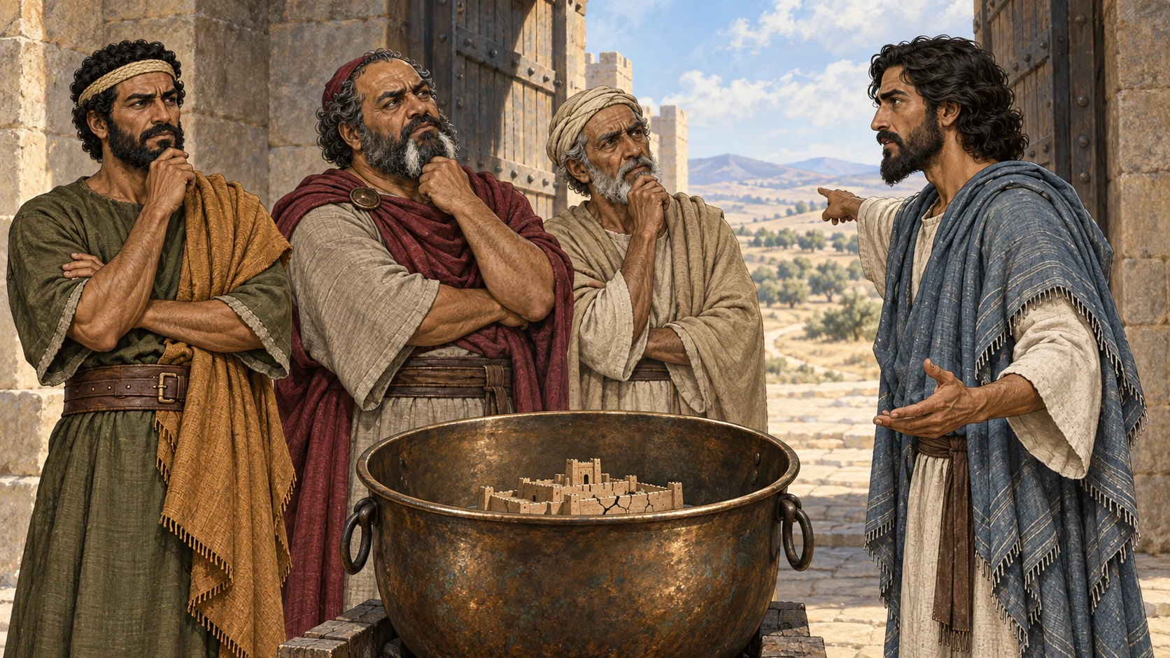 Ezekiel confronts Jaazaniah, Pelatiah, and one elder across an empty bronze pot holding a clay city.
