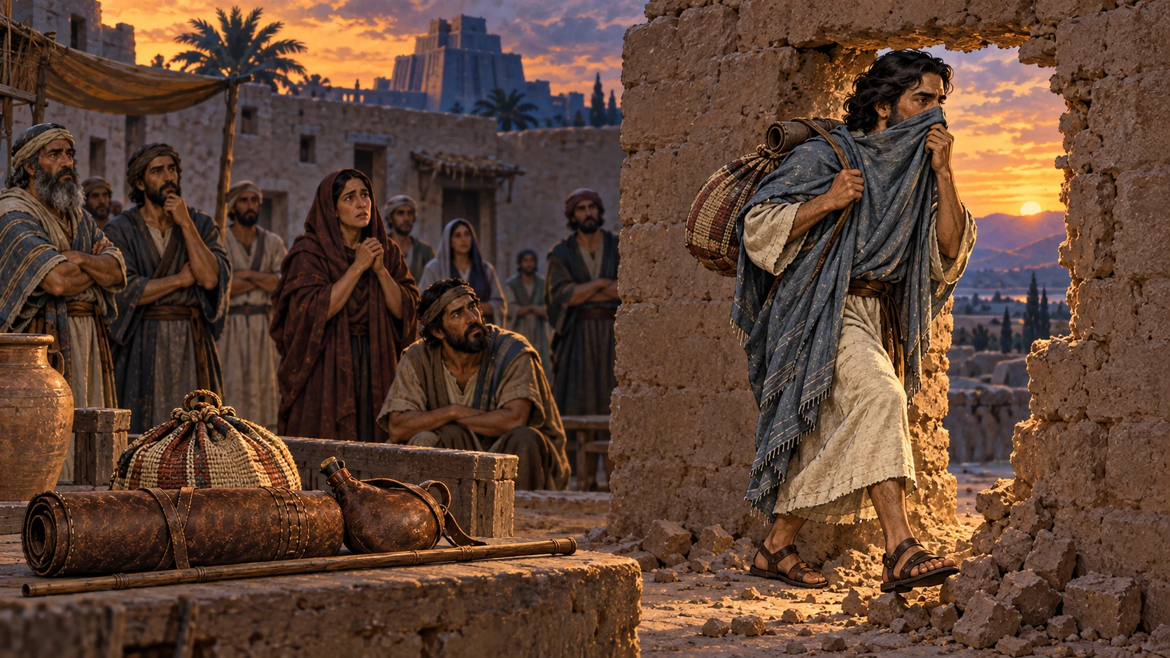 Ezekiel carries a small exile bundle through a mud-brick wall opening while neighbors watch at dusk.