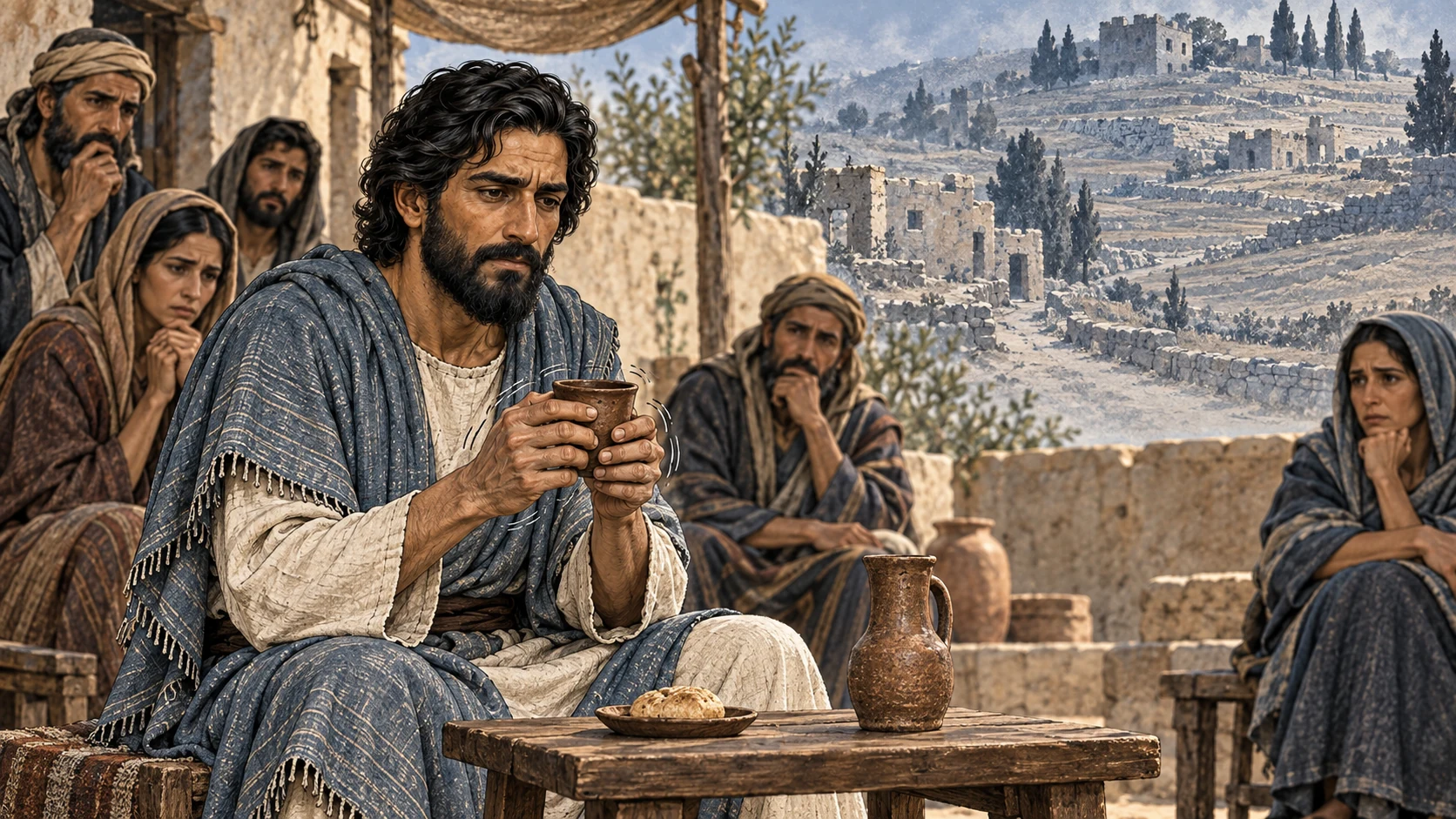Ezekiel’s hands tremble over a small ration as exiles watch and desolate terraces appear beyond.