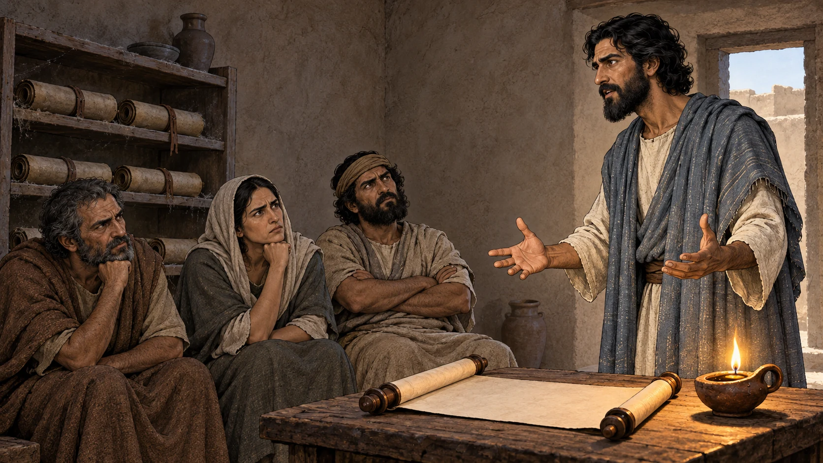 Ezekiel confronts three skeptics beside dusty sealed scrolls, one blank open scroll, and a newly lit lamp.