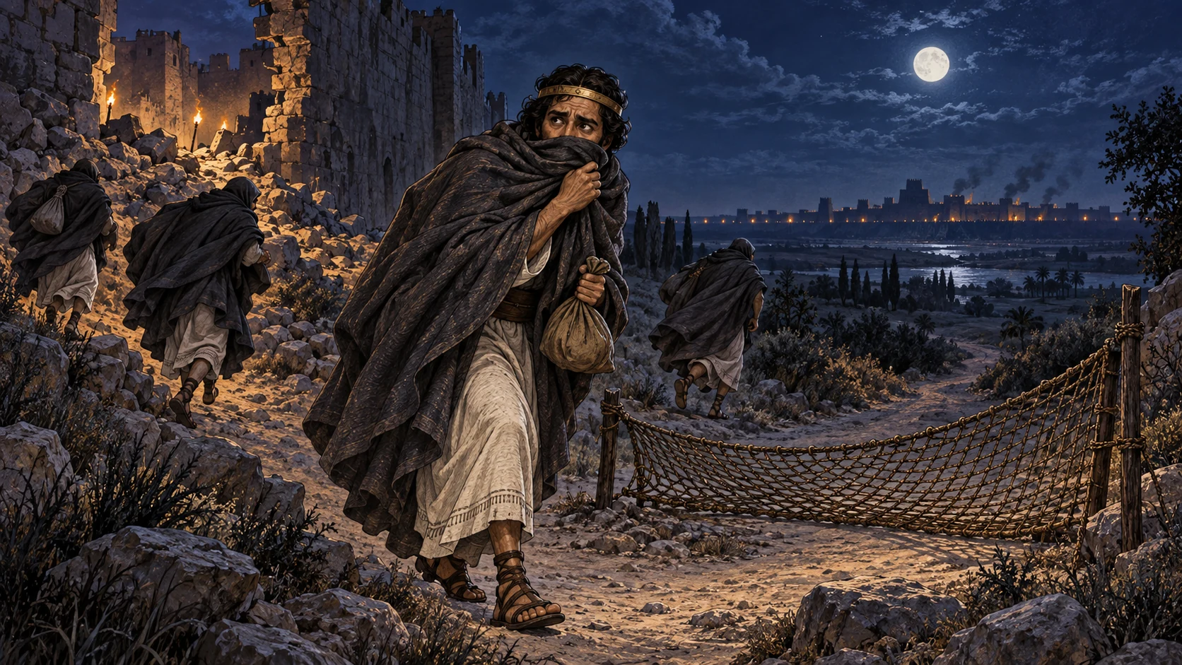 King Zedekiah slips through a wall breach at night toward an empty net stretched across the road.