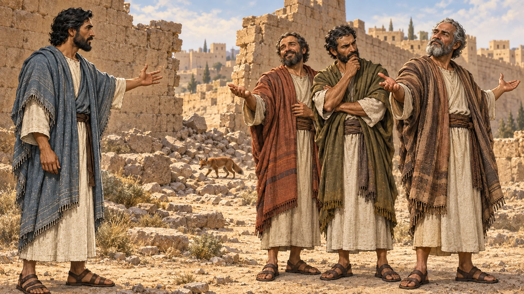 Ezekiel addresses three confident men beside a ruined wall and a fox.