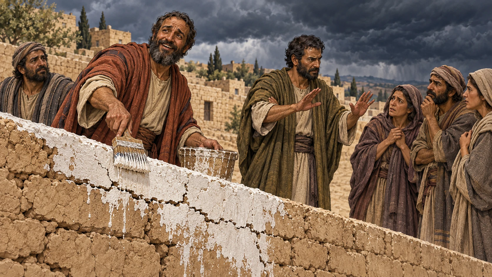 A man whitewashes a cracked wall while another reassures uneasy listeners beneath storm clouds.